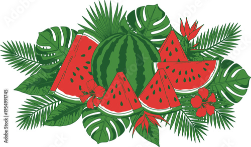 Colorful graphic illustration of whole and sliced watermelons surrounded by lush tropical leaves and flowers on a clean white background, perfect for summer and refreshing themes