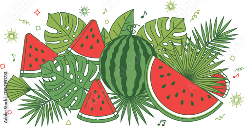 A colorful illustration featuring a whole watermelon surrounded by slices of watermelon, tropical leaves, and musical notes on a white background, evoking a festive and refreshing summer vibe.