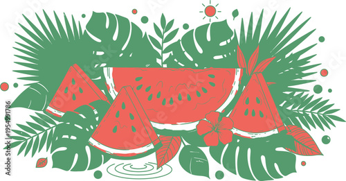 This illustration features a colorful arrangement of watermelon slices surrounded by lush green tropical leaves, berries, and other fruits, evoking a sense of summer freshness and vitality