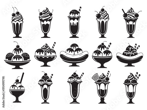 A collection of black and white pixel art desserts