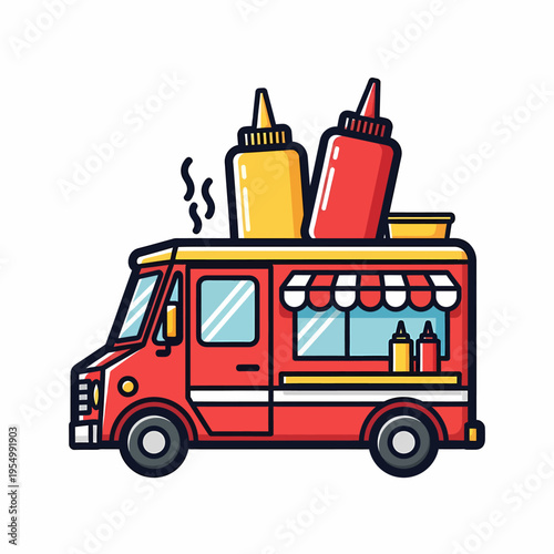 A colorful illustration of a food truck with condiments on top driving down the street.