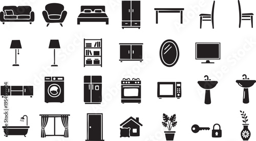 Household Furniture and Interior Icon Set - Black Silhouette