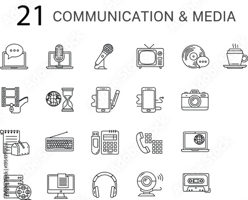 Set of 21 Communication and Media Line Icons Featuring Digital Technology Social Network Broadcasting Multimedia Devices and Modern Information Exchange Symbols