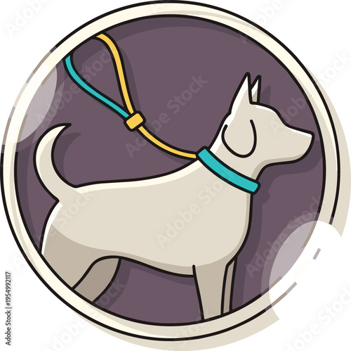Dog with leash inside circular frame icon, pet walking symbol, minimal flat canine design, modern badge style vector illustration