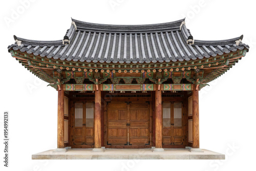 Traditional Korean Wooden Pavilion Entrance With Curved Tiled Roof And Decorative Painted Eaves