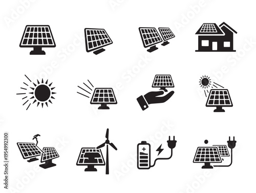 Icons representing various renewable energy sources and technology