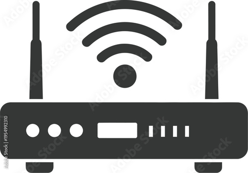 A dark silhouette of a wireless internet router device displays active signal transmission waves between two antennas.