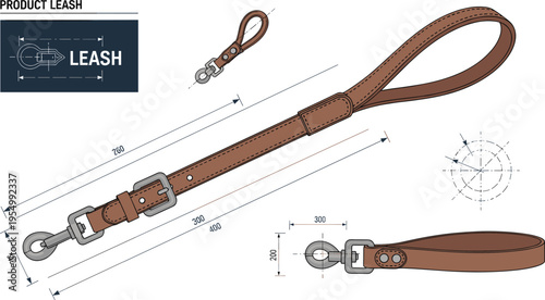 Detailed leather dog leash technical drawing with measurements, product blueprint design, pet accessory specification, industrial vector illustration