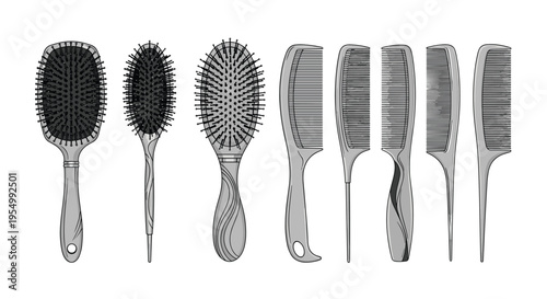 Wide selection of different hairbrushes and combs in various styles and sizes for diverse hairstyling and grooming needs.