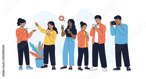 Group of diverse young people standing together using smartphones and one enthusiastic person taking a photo with a camera.