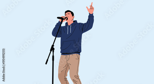 Male singer performing with passion into a microphone stand while raising one hand towards the sky against a blue background.