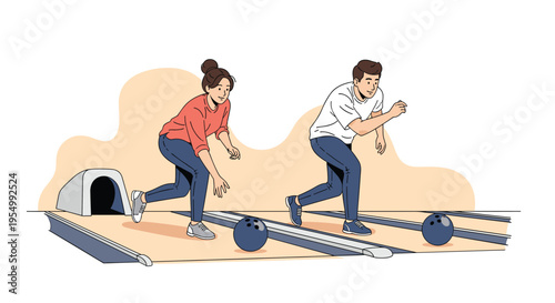 Young man and woman enjoying a fun game of bowling at a modern indoor alley with balls rolling down the long wooden lanes.