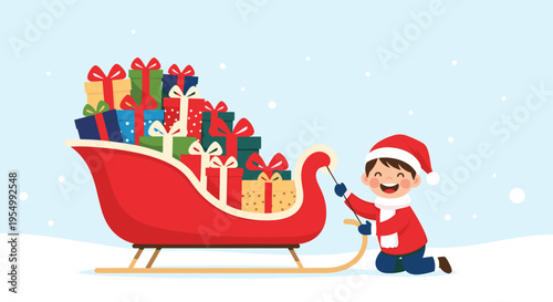 Happy young boy in a red Santa hat pushing a festive red sleigh overflowing with many colorful Christmas gift boxes.