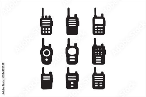 A collection of nine black silhouette icons depicting various walkie talkie and radio communication devices