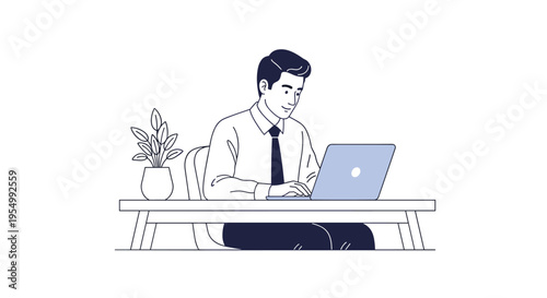 Professional man in a shirt and tie working diligently on his laptop computer at a clean office desk with a plant.
