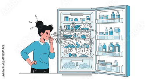 Woman holding her nose in disgust while looking into an open refrigerator with swirling lines representing bad odors.