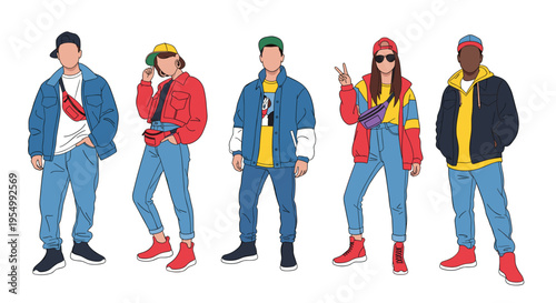 Group of young people dressed in trendy colorful urban streetwear including jackets jeans sneakers and accessories.