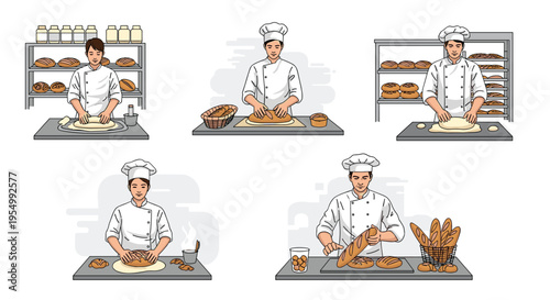 Professional bakers in white uniforms and hats performing different tasks in a bakery to prepare fresh bread and pastries.