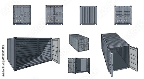 Selection of industrial metal shipping containers shown in different perspectives and states of being open or closed.