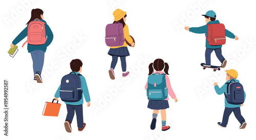 Diverse group of school children with backpacks walking away together as they head to school for their daily classes.
