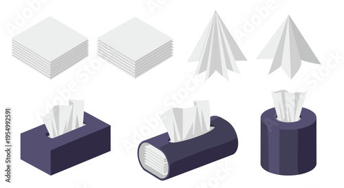 Set of paper tissues and decorative tissue boxes in various shapes and sizes for personal hygiene and home use.