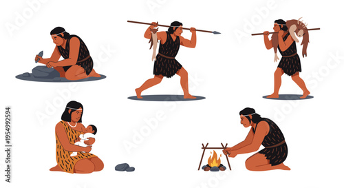 Illustration of primitive humans engaged in various survival activities like hunting fishing making fire and caring for young.