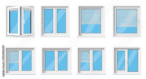 Collection of different modern window styles including double pane windows with blinds and some shown partially open.