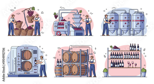 Industrial wine production process steps from harvesting grapes and fermentation to bottling and storage in wooden barrels.