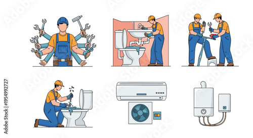 Plumbing service illustrations showing professional workers repairing toilets, sinks, and home appliances like air conditioners.