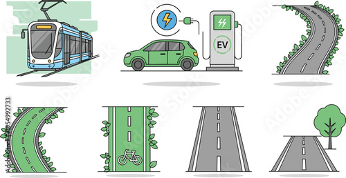 Set of sustainable transportation vector illustrations featuring electric car charging station tram city roads bicycle lane and eco friendly green urban infrastructure elements.