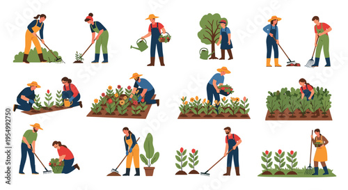 Collection of people gardening and taking care of various plants, flowers, and trees in a garden or park setting.