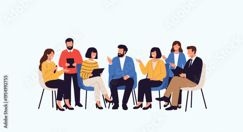 Diverse group of people sitting in a circle and having a professional discussion or group therapy session together.