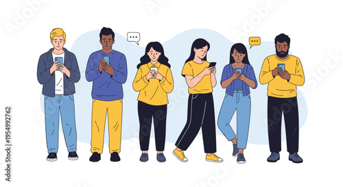 Diverse young people standing in a row and focusing on their mobile phones with various facial expressions and poses.