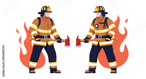 Two brave firefighters in full protective gear and helmets holding axes while standing in front of roaring red flames.