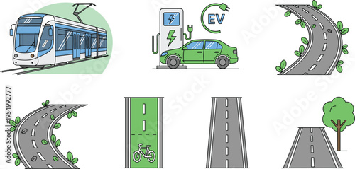Set of sustainable transportation vector illustrations featuring electric car charging station tram city roads bicycle lane and green eco friendly urban infrastructure elements.