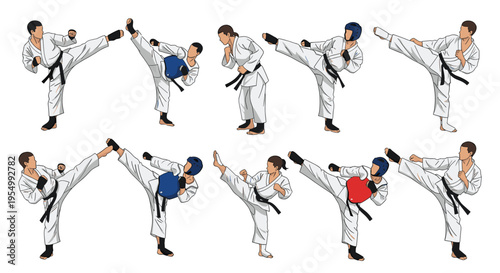 Martial arts athletes practicing karate and taekwondo with various high kicks and defensive poses in white uniforms.