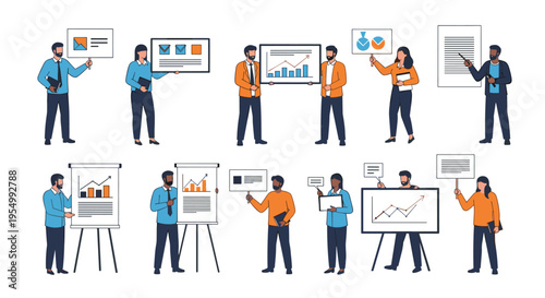 Collection of business people giving presentations using various charts, graphs, and boards for corporate meetings.