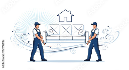 Two professional movers in blue overalls carrying a large white sofa with a house icon in the background.