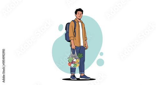 Young man with a backpack holding a reusable mesh bag full of fresh vegetables for an eco-friendly grocery shopping trip.