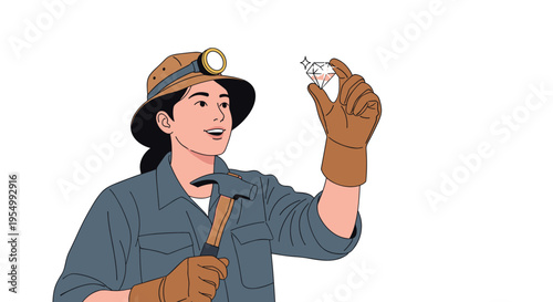 Female geologist or miner wearing a hard hat and examining a sparkling diamond while holding a geological hammer.