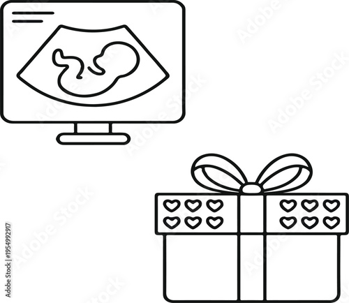 Pregnancy Ultrasound Monitor with Baby Gift Box Line Icon