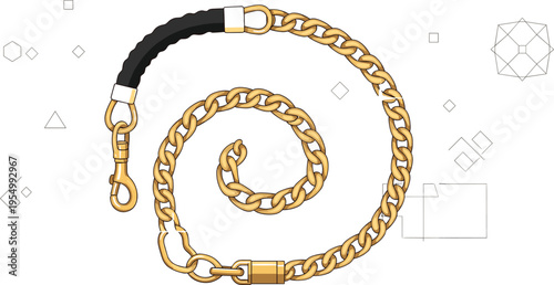 Luxury gold chain leash with black leather handle isolated on white background, premium pet accessory, elegant design vector illustration