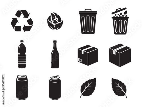 A set of icons representing recycling and waste