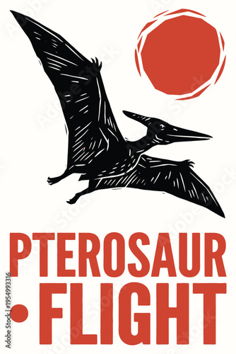 Vintage Pterosaur Flight Poster Illustration with Linocut Style