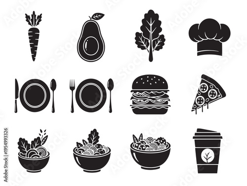 Black and white icons of food and drink items