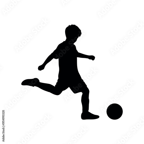Little boy playing soccer silhouette vector flat illustration design.