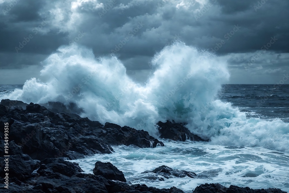 Fototapeta premium Dramatic ocean wave crashing against rugged black volcanic rocks, powerful spray of white foam, stormy sky with moody clouds, Atlantic coastline, motion and energy, long exposure to create silky water