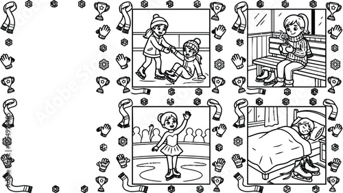 Black and white vector art showing young girl ice skating practicing falling helping drinking hot beverage and resting in winter scenes with gloves scarves trophies and snowflakes