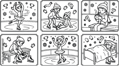 Black and white line art vector set showing children ice skating practicing helping drinking hot tea changing skates and sleeping at home with cold weather winter elements