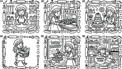 Vintage style line art bakery girl baking cupcakes taking bread out of oven decorating cake arranging cookies carrying basket smiling and resting on flour sack illustration
